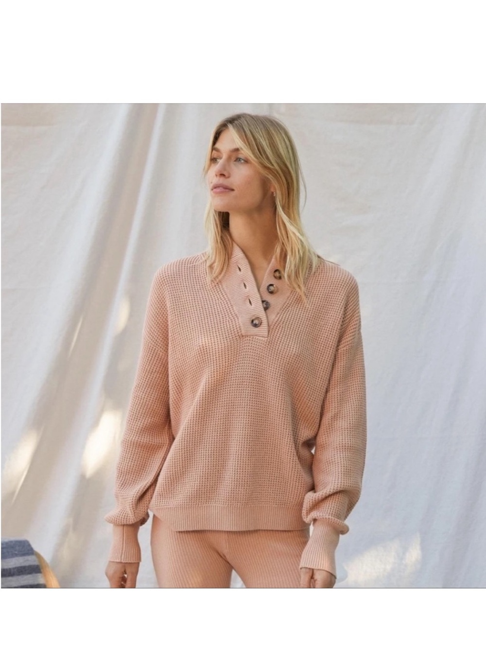 lunya Peach Waffle-Knit V-Neck Button Pullover